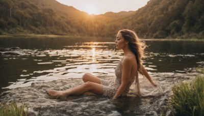 1girl,solo,long hair,breasts,brown hair,black hair,dress,bare shoulders,sitting,closed eyes,small breasts,outdoors,barefoot,sleeveless,water,white dress,blurry,from side,lips,wet,see-through,bare arms,bare legs,profile,sleeveless dress,arm support,sunlight,grass,wet clothes,nature,scenery,partially submerged,reflection,mountain,realistic,on ground,river,lake,sunset,sun,landscape