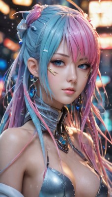 1girl,solo,long hair,breasts,looking at viewer,bangs,blue eyes,large breasts,hair ornament,cleavage,bare shoulders,jewelry,medium breasts,closed mouth,blue hair,upper body,pink hair,ahoge,multicolored hair,earrings,shiny,mole,blurry,two-tone hair,lips,eyelashes,makeup,blurry background,halterneck,gem,eyeshadow,pink lips,realistic,nose,mascara,swimsuit,bikini,parted lips,hairclip,artist name,necklace,bra,gradient hair,detached collar,depth of field