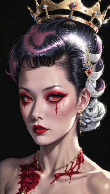 1girl,solo,looking at viewer,short hair,simple background,black hair,hair ornament,red eyes,bare shoulders,jewelry,collarbone,upper body,white hair,multicolored hair,earrings,parted lips,shiny,artist name,necklace,hair bun,two-tone hair,lips,eyelashes,blood,makeup,single hair bun,crown,lipstick,black background,gem,portrait,eyeshadow,blood on face,glint,red lips,eyeliner,gold,mascara,red gemstone,updo,bangs,braid,glowing,light particles