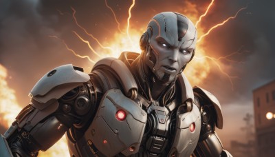 solo,looking at viewer,1boy,upper body,male focus,sky,cloud,armor,glowing,robot,building,glowing eyes,science fiction,city,realistic,android,electricity,white eyes,cyborg,power armor,humanoid robot,portrait,bald,no pupils,lightning