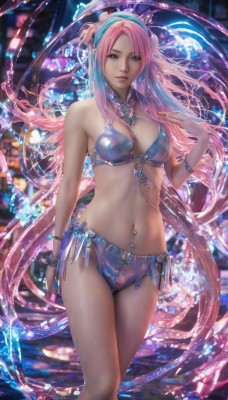 1girl,solo,long hair,breasts,looking at viewer,bangs,blue eyes,navel,cleavage,jewelry,medium breasts,very long hair,standing,swimsuit,pink hair,bikini,multicolored hair,earrings,parted lips,pointy ears,water,necklace,nail polish,blurry,bracelet,lips,blurry background,piercing,elf,realistic,navel piercing,hair ornament,bare shoulders,closed mouth,thighs,hairband,hand up,stomach,fingernails,detached collar,watermark,gem,blue bikini,arm at side,fantasy