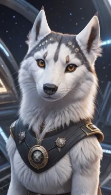 solo,looking at viewer,brown eyes,jewelry,closed mouth,upper body,belt,orange eyes,no humans,animal,cat,gem,star (sky),realistic,space,animal focus,white fur,whiskers,yellow eyes,blurry,dog