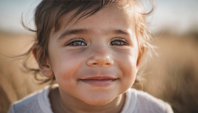 1girl,solo,looking at viewer,smile,short hair,blue eyes,brown hair,shirt,white shirt,parted lips,blurry,lips,depth of field,blurry background,child,portrait,close-up,realistic,nose,old,old woman,1boy,closed mouth,male focus,eyelashes,aged down