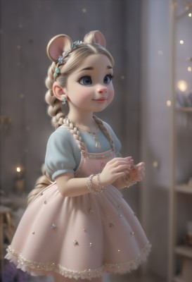 1girl,solo,long hair,smile,blue eyes,blonde hair,dress,animal ears,jewelry,very long hair,standing,braid,short sleeves,hairband,earrings,puffy sleeves,indoors,necklace,blurry,twin braids,bracelet,puffy short sleeves,lips,blurry background,ring,child,forehead,mouse ears,female child,closed mouth,tail,cowboy shot,single braid,depth of field,fake animal ears,blue dress,looking away,thick eyebrows,aged down,hair over shoulder,beads,braided ponytail,realistic,nose,red lips