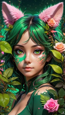 1girl,solo,long hair,breasts,looking at viewer,bangs,hair ornament,animal ears,cleavage,medium breasts,closed mouth,green eyes,collarbone,upper body,flower,green hair,artist name,cat ears,hair flower,blurry,lips,animal ear fluff,eyelashes,makeup,rose,leaf,watermark,facial mark,plant,lipstick,portrait,web address,pink flower,eyeshadow,freckles,realistic,nose,green shirt,facepaint,pink rose,mascara,bare shoulders,signature,parted bangs,vines,bodypaint