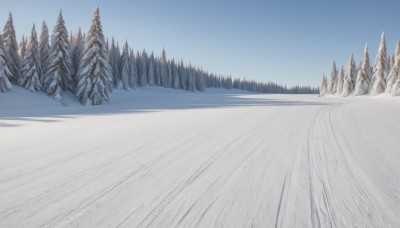 outdoors,sky,day,tree,blue sky,no humans,nature,scenery,snow,forest,mountain,winter,bare tree,landscape,pine tree,monochrome,road