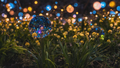 flower, outdoors, sky, blurry, no humans, night, depth of field, grass, plant, star (sky), night sky, scenery