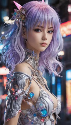 1girl,solo,long hair,breasts,looking at viewer,bangs,blue eyes,hair ornament,cleavage,jewelry,medium breasts,upper body,purple hair,earrings,small breasts,parted lips,horns,medium hair,armor,blurry,lips,grey eyes,depth of field,blurry background,science fiction,realistic,bare shoulders,closed mouth,artist name,black eyes,from side,looking to the side,eyelashes,makeup,watermark,piercing,gem,nose,fantasy,bikini armor