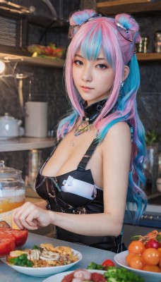 1girl,solo,long hair,breasts,looking at viewer,smile,bangs,large breasts,hair ornament,cleavage,bare shoulders,jewelry,medium breasts,closed mouth,blue hair,upper body,pink hair,multicolored hair,earrings,food,sleeveless,indoors,necklace,hair bun,blurry,black eyes,collar,two-tone hair,cup,lips,grey eyes,double bun,detached collar,fruit,depth of field,blurry background,table,plate,mug,realistic,overalls,tomato,counter,lettuce,naked overalls,artist name,apron,bowl,kitchen,black apron