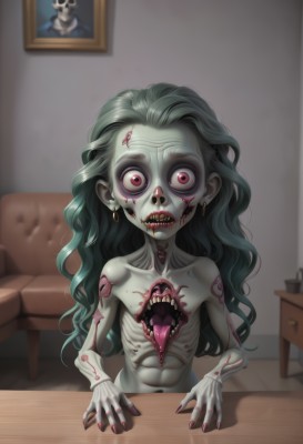 1girl,solo,long hair,looking at viewer,open mouth,red eyes,navel,jewelry,sitting,collarbone,upper body,nude,earrings,green hair,teeth,tongue,indoors,tongue out,pink eyes,nail polish,flat chest,fingernails,blood,tattoo,colored skin,fangs,wavy hair,chair,table,sharp teeth,monster girl,pale skin,wide-eyed,grey skin,ribs,zombie,painting (object),horror (theme),cracked skin,undead,blurry,saliva,abs,couch,veins,skull,skeleton,extra eyes,picture frame,skinny,extra mouth