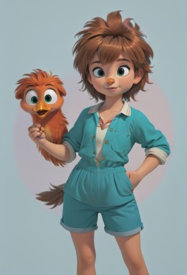 1girl,solo,looking at viewer,smile,short hair,simple background,brown hair,shirt,green eyes,standing,tail,white shirt,hairband,shorts,hand on hip,bird,animal,blue background,thick eyebrows,genderswap,genderswap (mtf),sleeves rolled up,personification,freckles,blue shorts,pocket,hand in pocket,breast pocket,tomboy,creature and personification,blue eyes,collarbone,jacket,lips,feet out of frame,denim,denim shorts,nose,beak