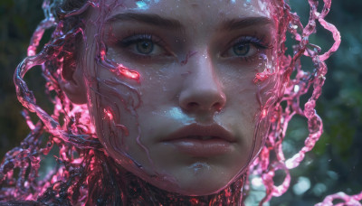 1girl, solo, looking at viewer, short hair, brown eyes, closed mouth, blurry, lips, eyelashes, blurry background, watermark, portrait, web address, close-up, science fiction, realistic, nose