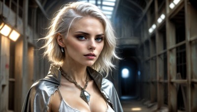 HQ,1girl,solo,breasts,looking at viewer,short hair,blue eyes,blonde hair,large breasts,cleavage,jewelry,medium breasts,collarbone,jacket,upper body,white hair,earrings,parted lips,open clothes,necklace,blurry,lips,makeup,blurry background,pendant,freckles,realistic,nose,teeth,indoors,eyelashes,lipstick,portrait,forehead,eyeshadow,mascara