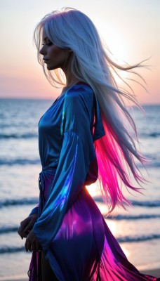 1girl,solo,long hair,breasts,skirt,shirt,long sleeves,dress,closed mouth,standing,closed eyes,pink hair,white hair,multicolored hair,cowboy shot,outdoors,artist name,dark skin,water,blurry,from side,two-tone hair,dark-skinned female,lips,profile,makeup,depth of field,blurry background,ocean,beach,blue shirt,backlighting,purple skirt,sunset,long skirt,realistic,nose,gloves,medium breasts,sky,black gloves,signature,wide sleeves,blue dress,purple dress,horizon