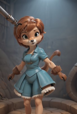 1girl,solo,breasts,looking at viewer,smile,short hair,bangs,brown hair,shirt,dress,animal ears,brown eyes,green eyes,standing,collarbone,tail,weapon,short sleeves,small breasts,shorts,shiny,artist name,indoors,signature,blurry,shiny hair,fur trim,blurry background,feet out of frame,blue dress,happy,thick eyebrows,blue shirt,child,claws,furry,zipper,freckles,blue shorts,dog tail,furry female,dog girl,female child,body fur,fur,animal nose,snout,brown fur,open mouth,skirt,parted lips,teeth,blue skirt,:3,brown gloves,animal hands,light rays