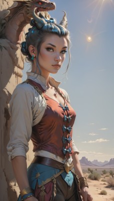 1girl,solo,breasts,looking at viewer,short hair,blue eyes,shirt,black hair,red eyes,bow,cleavage,brown eyes,jewelry,medium breasts,blue hair,standing,collarbone,white shirt,braid,cowboy shot,earrings,small breasts,outdoors,parted lips,horns,sky,teeth,day,belt,pants,signature,necklace,hair bun,vest,bracelet,blue sky,lips,eyelashes,makeup,black pants,sunlight,sharp teeth,gem,backlighting,freckles,dragon horns,rock,mountain,nose,fantasy,dragon,sun,desert,hair ornament,cloud,heterochromia,single hair bun,thick eyebrows,sunrise