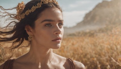 1girl,solo,long hair,brown hair,black hair,hair ornament,brown eyes,jewelry,closed mouth,collarbone,flower,earrings,outdoors,sky,day,necklace,blurry,tree,lips,looking to the side,grey eyes,floating hair,depth of field,blurry background,looking away,wind,portrait,freckles,realistic,looking afar,head wreath,field,dark skin,piercing,sunlight,mountain