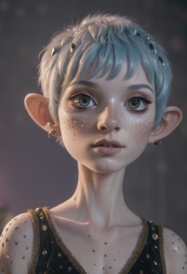 1girl,solo,looking at viewer,short hair,bangs,blue eyes,bare shoulders,jewelry,green eyes,blue hair,collarbone,upper body,earrings,parted lips,pointy ears,artist name,blurry,lips,eyelashes,depth of field,blurry background,watermark,portrait,web address,freckles,realistic,nose,breasts,cleavage,teeth