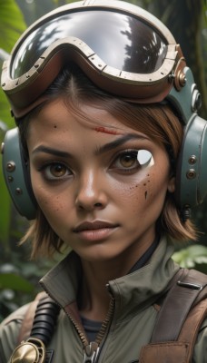 1girl,solo,looking at viewer,short hair,brown hair,shirt,brown eyes,closed mouth,jacket,upper body,outdoors,artist name,signature,blurry,lips,blood,blurry background,helmet,goggles,portrait,zipper,freckles,goggles on head,blood on face,realistic,dirty,dirty face,injury