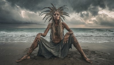 1girl,solo,long hair,looking at viewer,skirt,1boy,navel,sitting,closed mouth,full body,male focus,outdoors,sky,barefoot,cloud,dark skin,spread legs,water,wet,tattoo,ocean,beach,topless,cloudy sky,monster girl,rain,sand,dirty,waves,grey sky,full-body tattoo,overcast,dirty feet,feathers,horizon,bodypaint,dreadlocks,tribal