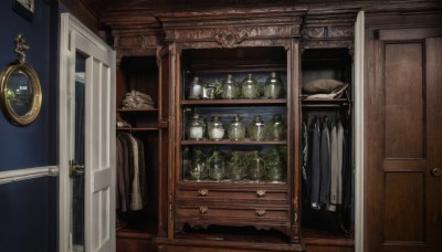 indoors,tree,no humans,window,bottle,plant,scenery,wooden floor,door,clock,shelf,still life,cabinet,mirror,teapot,vase,jar,drawer,candlestand,chest of drawers