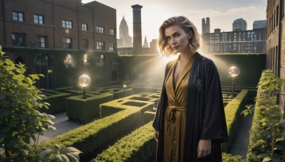 1girl,solo,breasts,short hair,brown hair,long sleeves,brown eyes,closed mouth,standing,jacket,outdoors,japanese clothes,sky,day,cloud,tree,lips,coat,window,sunlight,grass,plant,building,scenery,robe,city,realistic,nose,arms at sides,road,bush,lamppost,street,looking at viewer,blonde hair,collarbone,stairs,cityscape