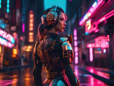 1girl,solo,long hair,looking at viewer,brown hair,black hair,red eyes,upper body,ponytail,outdoors,looking back,dark skin,from behind,armor,blurry,dark-skinned female,lips,bodysuit,profile,makeup,night,depth of field,blurry background,glowing,headgear,headphones,lipstick,glowing eyes,eyeshadow,science fiction,city,realistic,nose,red lips,road,cyborg,city lights,cyberpunk,neon lights,hologram,closed mouth,standing,jacket,closed eyes,ass,signature,from side,backlighting,eyeliner,street,neon trim,mascara