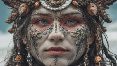 1girl,solo,long hair,looking at viewer,blue eyes,black hair,hair ornament,jewelry,closed mouth,outdoors,blurry,lips,grey eyes,depth of field,blurry background,portrait,close-up,realistic,earrings,sky,cloud,blue sky,eyelashes,nose,headdress,gold