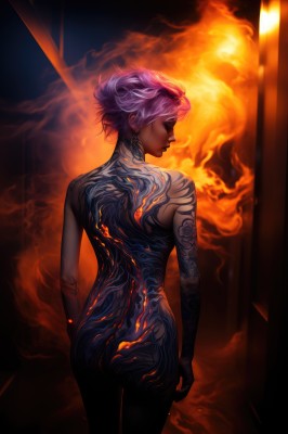 1girl,solo,short hair,jewelry,standing,closed eyes,pink hair,purple hair,ass,nude,cowboy shot,earrings,looking back,dark skin,from behind,dark-skinned female,tattoo,makeup,back,fire,lipstick,arm tattoo,black lips,back tattoo,burning,full-body tattoo,completely nude,glowing,smoke,very short hair