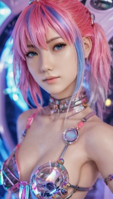 1girl,solo,breasts,looking at viewer,short hair,bangs,blue eyes,cleavage,bare shoulders,twintails,jewelry,medium breasts,closed mouth,blue hair,collarbone,swimsuit,upper body,pink hair,bikini,multicolored hair,small breasts,choker,armpits,blurry,two-tone hair,lips,streaked hair,bikini top only,armlet,science fiction,realistic,nose,hair between eyes,sidelocks,artist name,collar,eyelashes,makeup,depth of field,blurry background,gem,pink lips