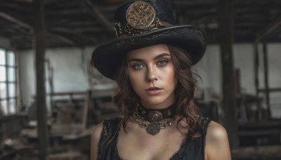 1girl,solo,long hair,breasts,looking at viewer,blue eyes,brown hair,hat,cleavage,bare shoulders,jewelry,upper body,parted lips,sleeveless,choker,indoors,necklace,blurry,black dress,collar,lips,grey eyes,window,black headwear,blurry background,portrait,freckles,realistic,depth of field