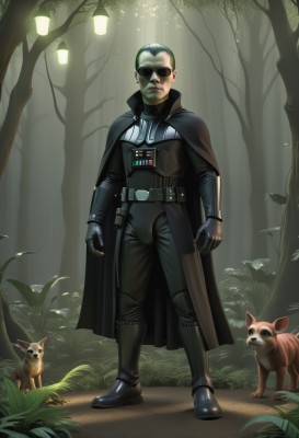 solo,gloves,1boy,standing,full body,male focus,boots,outdoors,green hair,belt,cape,armor,tree,bodysuit,facial hair,animal,leaf,sunglasses,grass,nature,beard,forest,science fiction,realistic,bald,superhero,squirrel,black hair,black gloves,cat,walking,dog,light,lamp,mushroom,pet