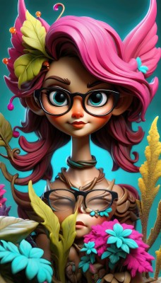 1girl,solo,long hair,looking at viewer,smile,blue eyes,hair ornament,holding,closed mouth,closed eyes,upper body,pink hair,flower,red hair,multicolored hair,glasses,aqua eyes,lips,eyelashes,makeup,leaf,blue background,plant,lipstick,portrait,black-framed eyewear,jewelry,hairclip,artist name,necklace,watermark,web address,nose,leaf hair ornament