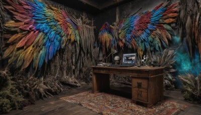 wings,indoors,tree,no humans,chair,table,plant,scenery,feathered wings,desk,wooden floor,fantasy,computer,monitor,keyboard (computer),rug,feathers,skull,crystal,candle,picture frame,painting (object),multicolored wings,drawer,candlestand,cabinet,treasure chest