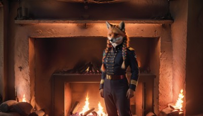 solo,looking at viewer,blue eyes,gloves,long sleeves,1boy,animal ears,standing,jacket,braid,male focus,one eye closed,belt,pants,indoors,uniform,twin braids,military,military uniform,fire,furry,epaulettes,furry male,fireplace,1girl,long hair,closed mouth,white gloves,buttons,blue jacket,furry female,ruins