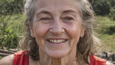 solo,looking at viewer,smile,open mouth,1boy,grey hair,male focus,outdoors,teeth,day,grin,blurry,black eyes,grey eyes,depth of field,blurry background,messy hair,portrait,realistic,old,old woman,1girl,white hair,artist name,old man,wrinkled skin