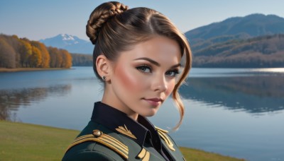 1girl,solo,looking at viewer,short hair,brown hair,shirt,brown eyes,jewelry,closed mouth,jacket,braid,earrings,outdoors,day,water,hair bun,uniform,lips,military,military uniform,single hair bun,portrait,reflection,epaulettes,mountain,realistic,stud earrings,hair behind ear,river,lake,sky,artist name,signature,tree,eyelashes,makeup,nature,scenery,nose,braided bun,military jacket