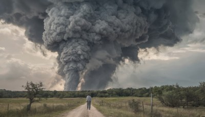 solo,shirt,1boy,standing,white shirt,male focus,outdoors,sky,day,pants,cloud,from behind,tree,cloudy sky,grass,nature,scenery,smoke,walking,road,wide shot,power lines,fog,path,hat,bag,fence,field,landscape