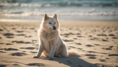 outdoors, day, blurry, no humans, depth of field, blurry background, animal, beach, dog, realistic, sand, animal focus, shiba inu