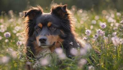 looking at viewer, brown eyes, flower, outdoors, blurry, no humans, depth of field, blurry background, animal, grass, dog, realistic, animal focus