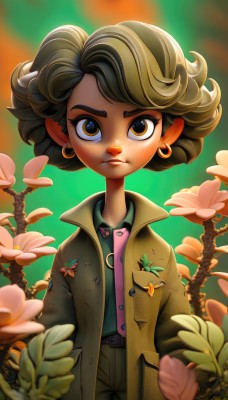 1girl,solo,looking at viewer,short hair,brown hair,shirt,long sleeves,brown eyes,jewelry,closed mouth,standing,flower,cowboy shot,earrings,open clothes,belt,pants,artist name,dark skin,blurry,dark-skinned female,coat,buttons,blurry background,frown,leaf,thick eyebrows,plant,child,pink flower,freckles,curly hair,open coat,hoop earrings,hands in pockets,female child,green coat,bangs,black hair,jacket,upper body,collared shirt,lips,eyelashes,watermark,bug,butterfly,pink shirt,hand in pocket,serious,branch,dirty