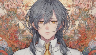 1girl,solo,long hair,looking at viewer,bangs,shirt,1boy,hair between eyes,closed mouth,yellow eyes,white shirt,upper body,flower,grey hair,male focus,necktie,collared shirt,medium hair,lips,expressionless,red flower,portrait,floral background,yellow necktie,straight-on