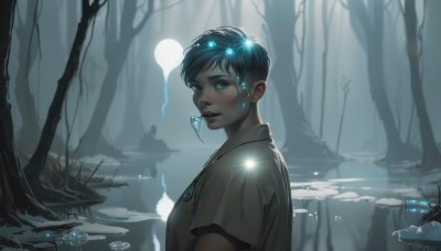 1girl,solo,looking at viewer,short hair,blue eyes,shirt,black hair,1boy,jewelry,blue hair,white shirt,upper body,short sleeves,male focus,earrings,outdoors,parted lips,artist name,signature,water,necklace,from side,tree,lips,eyelashes,glowing,watermark,gem,nature,web address,pendant,forest,reflection,realistic,nose,silhouette,lake,fog,hair ornament,looking to the side,blue theme,bare tree,boat,moonlight