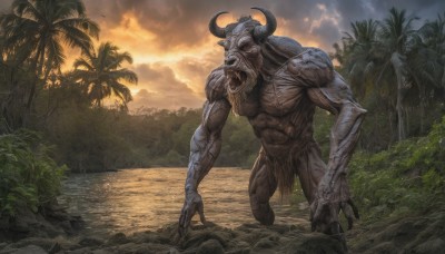 solo,open mouth,1boy,outdoors,horns,sky,teeth,cloud,tree,no humans,muscular,fangs,cloudy sky,plant,nature,claws,veins,sunset,monster,palm tree,extra arms,male focus,water,sharp teeth,scenery,furry,wading,forest,realistic