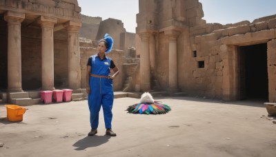 1girl,solo,shirt,1boy,blue hair,standing,ponytail,short sleeves,outdoors,shoes,day,pants,dark skin,hair bun,black footwear,dark-skinned female,hand on hip,black shirt,shadow,bird,single hair bun,hand in pocket,bucket,overalls,wide shot,pillar,jumpsuit,statue,paint,short hair,gloves,jewelry,closed mouth,full body,male focus,belt,dark-skinned male,blue shirt,brown gloves,blue pants,dreadlocks