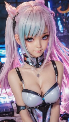 1girl,solo,long hair,breasts,looking at viewer,smile,bangs,cleavage,bare shoulders,twintails,jewelry,medium breasts,closed mouth,blue hair,collarbone,upper body,pink hair,multicolored hair,choker,shiny,necklace,star (symbol),blurry,collar,two-tone hair,lips,grey eyes,eyelashes,gradient hair,makeup,detached collar,blurry background,zipper,blue eyes,animal ears,earrings,artist name,signature,watermark,cross,realistic,nose,cross necklace