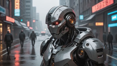 red eyes,upper body,male focus,outdoors,multiple boys,solo focus,armor,blurry,depth of field,blurry background,glowing,helmet,robot,building,mecha,glowing eyes,science fiction,rain,city,sign,realistic,road,multiple others,police,cyborg,street,power armor,cyberpunk,humanoid robot,power suit,night,1other,reflection,walking,android,joints,cable,robot joints,lights