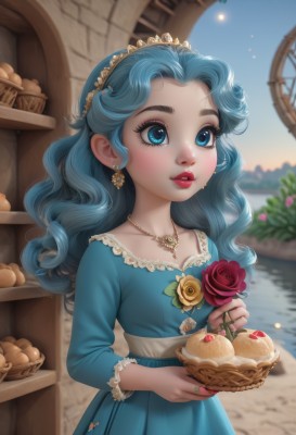 1girl,solo,long hair,blue eyes,hair ornament,long sleeves,dress,holding,jewelry,blue hair,collarbone,flower,hairband,earrings,outdoors,parted lips,food,sky,day,artist name,indoors,signature,water,necklace,nail polish,blurry,lips,eyelashes,window,aqua hair,makeup,fruit,depth of field,blurry background,blue dress,rose,watermark,wavy hair,looking away,ring,holding food,tiara,looking up,lipstick,red flower,gem,web address,pendant,freckles,curly hair,red rose,yellow flower,basket,holding flower,red lips,bread,pearl necklace,aqua dress,blush,bangs,bow,upper body,teeth,parted bangs,plant,lace trim,lace,pink lips,pink rose,yellow rose,cupcake,princess,arch,holding basket