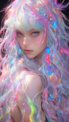 1girl,solo,long hair,breasts,looking at viewer,bangs,blue eyes,simple background,bare shoulders,closed mouth,blue hair,upper body,pink hair,white hair,nude,multicolored hair,small breasts,looking back,from side,lips,eyelashes,gradient hair,makeup,glowing,wavy hair,black background,pink lips,nose,colorful,hair ornament,jewelry,earrings,blunt bangs,gem,realistic