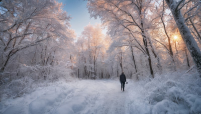 1girl, solo, standing, outdoors, sky, day, bag, tree, blue sky, dutch angle, nature, scenery, snow, forest, winter, bare tree, footprints